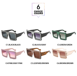 Six different colors of oversized square glitter sunglasses in a 2x3 grid display