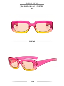 Detail view of rectangular sunglasses in rose red and yellow gradient with tea lenses