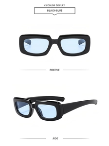 Detailed views of punk style black rectangle sunglasses with light blue lenses