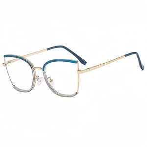 Chic cat-eye glasses frame with gold metal finish and dark blue accents in a 45-degree view
