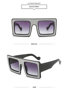 Detailed front and side views of black square glitter sunglasses with gradient gray lenses
