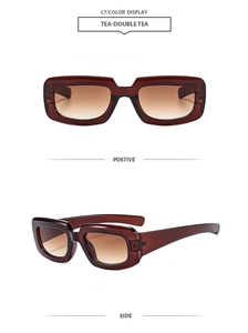 Detail of retro rectangle sunglasses featuring gradient tea lenses and translucent frames