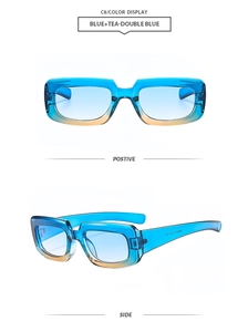 Detail view of square punk sunglasses with blue and tea gradient lenses and clear frame