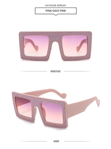Detail view of square pink glitter sunglasses with gradient lenses and dual perspectives