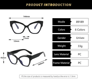 Guide des dimensions détaillé pour lunettes anti-lumière bleue œil de chat en PC