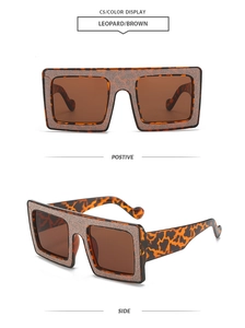 Detail view of square leopard print sunglasses with glitter finish and brown lenses