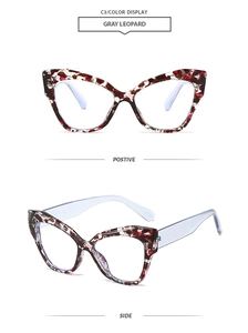 Vues détaillée de face et de profil de lunettes anti-lumière bleue style œil de chat