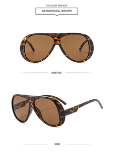 Detaillierte Vorder- und Seitenansicht der übergroßen Schildpatt-Sonnenbrille mit braunen Gläsern