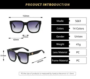 Detailed size chart for retro square sunglasses with frame and lens measurements