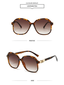 Detail view of leopard print square sunglasses with gradient brown lenses and gold accents