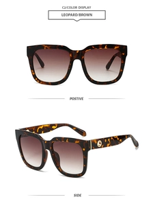 Detail of leopard print square frame sunglasses with golden metal hinges and brown lenses