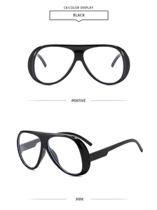 Vorder- und Seitenansicht der schwarzen Oversize-Pilotbrille mit poliertem Finish und Blaulichtfilter