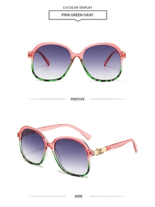 Detail view of square sunglasses with pink-green gradient frame and leopard accents