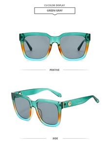 Detail view of large square frame sunglasses with green-orange gradient and metal rivets