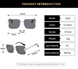 Size chart showing rimless metal sunglasses dimensions and technical product specifications
