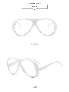 Detailansicht der großen weißen Oversize-Pilotenbrille mit klaren Gläsern