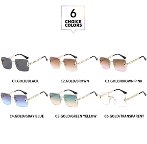 Detail showing six color options of rimless sunglasses with gold chain temples
