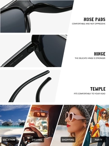 Detailansicht der Nasenpads, Scharniere und Bügel der schwarzen Fashion-Sonnenbrille für Outdoor