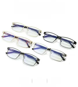 Detail showing five color variations of classic square metal glasses frames in a row