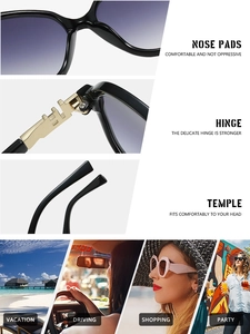 Detail of square oversized sunglasses with golden H-hinge and gradient grey lenses