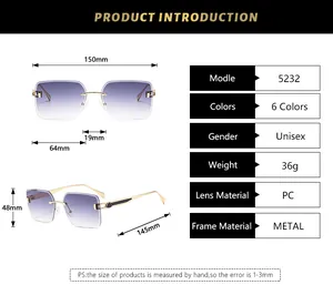 Detailed sizing chart and specifications for vintage rimless square metal sunglasses