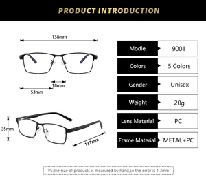 Detailed size chart of classic black square frame glasses with metal and PC composite material