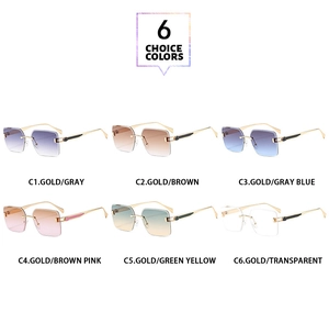 Detail view of six stylish rimless square sunglasses in various lens colors with gold metal frames