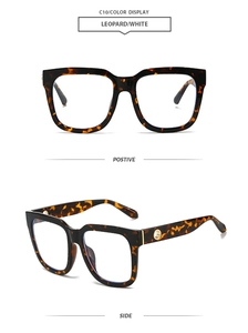 Detail view of large leopard print frames with gold circle hardware on the temple sides