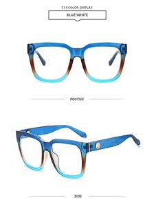 Detailed views of vintage square oversized sunglasses with blue and amber gradient frames