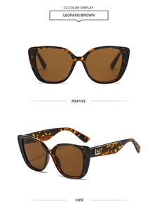 Detailed front and side views of leopard cat eye sunglasses with brown lenses