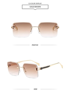 Detail of rimless square sunglasses with gold C-shaped metal hinges and brown gradient lenses