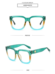 Detailed views of vintage square oversized sunglasses with green to blue gradient frames