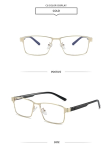 Classic gold square metal eyeglasses frame showing front and side profile views