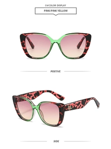 Detailed views of cat-eye frames with red tortoiseshell pattern and pink gradient lenses
