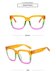 Detail view of square oversized sunglasses with colorful orange-green gradient frames