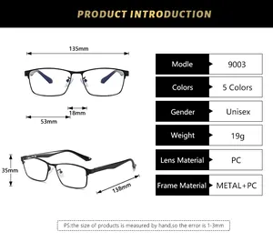 Detailed size chart for retro square blue light blocking glasses with frame dimensions