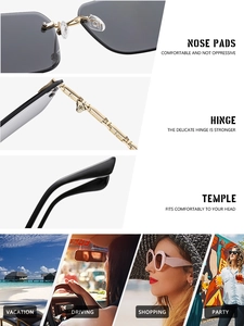 Detail of rimless sunglasses featuring grey gradient lenses and gold chain temples