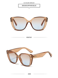 Detailed close-up of brown cat eye sunglasses frame with elegant metal brand lettering