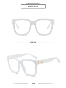Detail of white square frame sunglasses with gold temple accents and light blue lenses