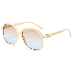 Fashionable oversized square sunglasses with beige frames and orange-blue gradient lenses