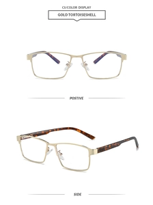 Detail view of gold metal square glasses frames with tortoiseshell patterned temples