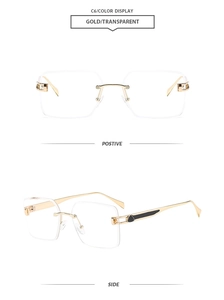 Front and side views of rimless square sunglasses with gold metal temples and clear lenses