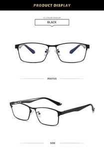 Detail view of black full-frame glasses showing front and 45-degree angle on white background