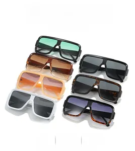 Detailed view of square oversized sunglasses collection in seven diverse gradient colors