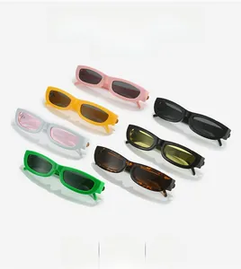 Detailed set of seven retro rectangular sunglasses in various pastel and classic colors
