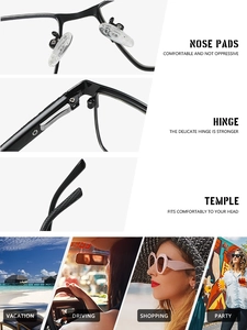 Detail view of black square frame glasses showing nose pads and usage scenarios