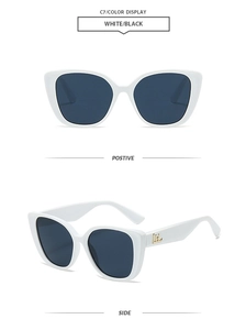 Detail view of white cat eye sunglasses with dark lenses and gold temple logo accents