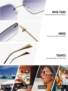 Detail of metal hinge, nose pads, and purple rimless sunglasses for outdoor scenes