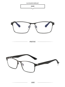Detail view of gunmetal grey square glasses frame with side and front angle perspectives