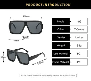 Detailed size chart for oversized square sunglasses showing frame dimensions and PC material